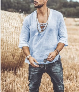Chemise Homme fermée cou V élargi à lacet  à Manches 3/4 coton et lin