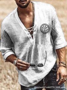 Chemise Homme fermée cou V élargi à lacet  à Manches 3/4 coton et lin