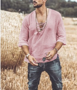 Chemise Homme fermée cou V élargi à lacet  à Manches 3/4 coton et lin