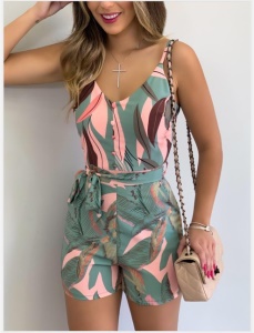 Combinaison pantalon court à imprimé fleuri avec bretelles