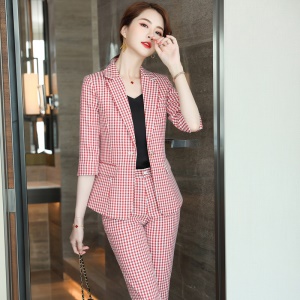 Costume deux pièces pour femme (blazer à manches moyennes + pantalon) motif à carreaux