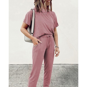 Costume décontracté à manches courtes pour femme avec col rond et de couleur unie