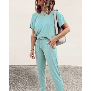 Costume décontracté à manches courtes pour femme avec col rond et de couleur unie