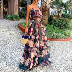 Femme robe longue ensemble de 2 pièces avec imprimé fleuri