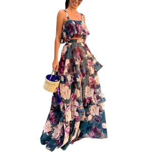 Femme robe longue ensemble de 2 pièces avec imprimé fleuri