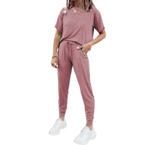 Costume décontracté à manches courtes pour femme avec col rond et de couleur unie
