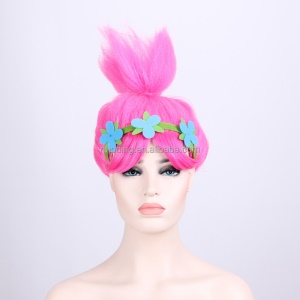 Perruque de 12 pouces pour enfants au cheveux rose en fibre synthétique sans dentelle