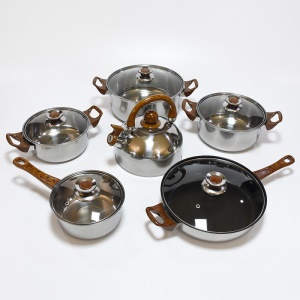 Set de 6 pièces d'ustensiles de cuisine en acier inoxydable avec couvercle avec poignée motif de bois
