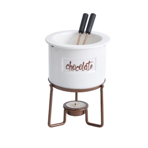 Ensemble de 6 pièces pour fondu au chocolat (2 * fourchette en acier inoxydable + pot en céramique + doublure intérieure + cadre en fer + bougie)