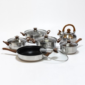 Set de 6 pièces d'ustensiles de cuisine en acier inoxydable avec couvercle avec poignée motif de bois