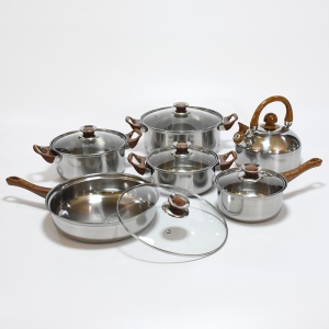 Set de 6 pièces d'ustensiles de cuisine en acier inoxydable avec couvercle avec poignée motif de bois