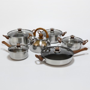 Set de 6 pièces d'ustensiles de cuisine en acier inoxydable avec couvercle avec poignée motif de bois