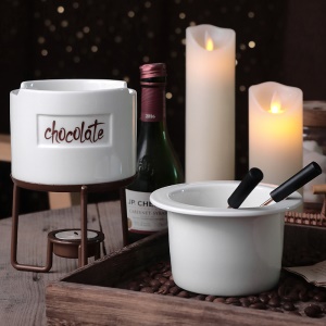 Ensemble de 6 pièces pour fondu au chocolat (2 * fourchette en acier inoxydable + pot en céramique + doublure intérieure + cadre en fer + bougie)