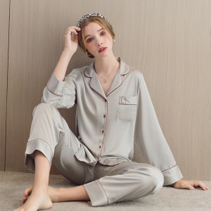 Ensemble pyjama en soie de glace pour couple (revers boutonné à manches longues + pantalon)