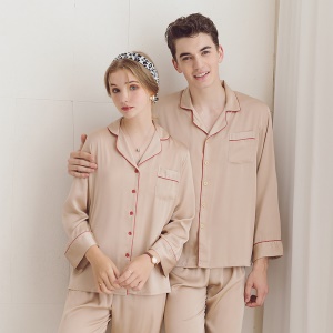 Ensemble pyjama en soie de glace pour couple (revers boutonné à manches longues + pantalon)