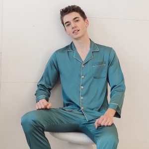 Ensemble pyjama en soie de glace pour couple (revers boutonné à manches longues + pantalon)