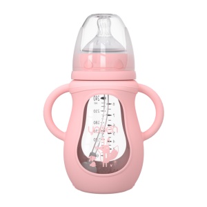 Biberon en verre ave habillage isolant plastique pour bébé avec paille en silicone