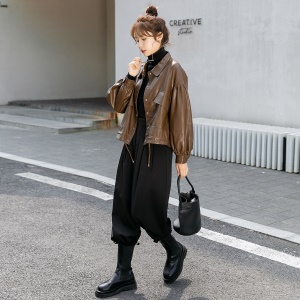 Manteau en cuir PU femme sans capuche ample brun