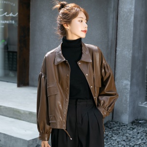 Manteau en cuir PU femme sans capuche ample brun
