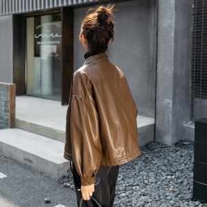 Manteau en cuir PU femme sans capuche ample brun