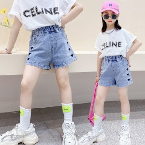 Pantalon court en denim pour petite fille taille haute