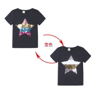 T-shirt à paillettes pour les garçons et les filles en coton col rond manches courtes