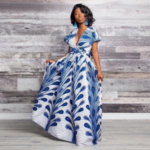 Robe femme africaine avec bretelles imprimées fendues tissu Wax