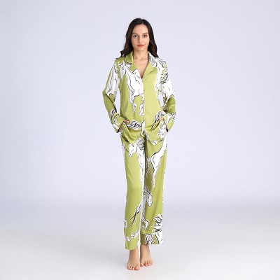 Pyjama en cardigan en soie pour femmes manches longues ensemble de deux pièces