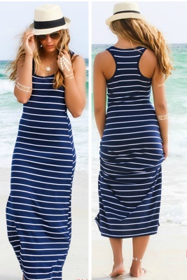Robe pour femme à rayures sans manches en coton mélangé long