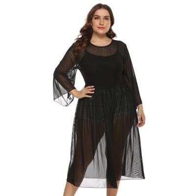 Robe femme filé filet transparent manches évasées noir