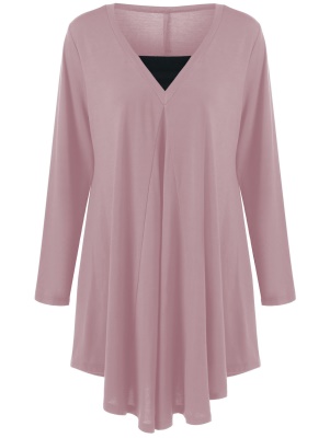 Robe femme col V type coton mélangé couleur unie