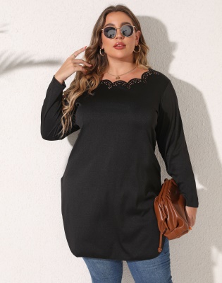 Haut femme brûlé fleur creux fendue col ondulé