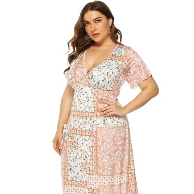 Robe femme imprimée en V profond fendue taille fermée