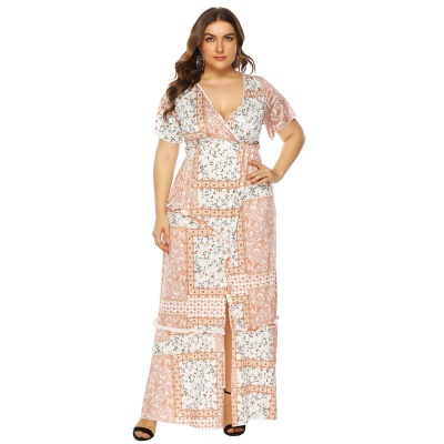 Robe femme imprimée en V profond fendue taille fermée