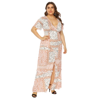 Robe femme imprimée en V profond fendue taille fermée