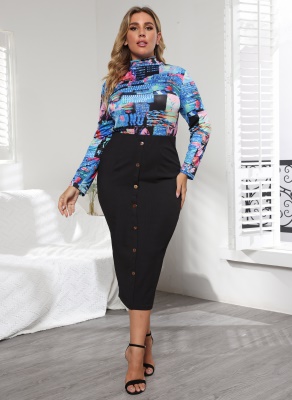 Demi-jupe femme une rangée de boutons sac hanches noir