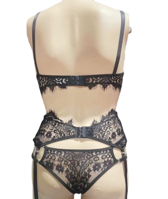 Lingerie érotique pour femmes 3 pièces Cils dentelle noir
