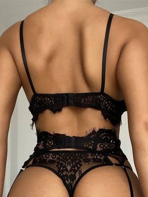 Lingerie érotique pour femmes 3 pièces Cils dentelle noir