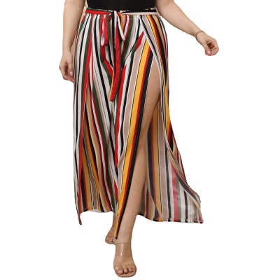 Pantalon femme avec fentes couleur mélangée à rayures