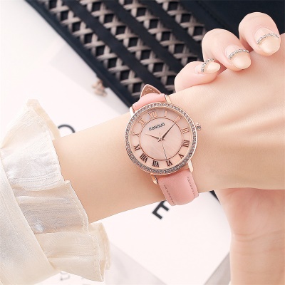 Montre pour femmes avec diamants bracelet en cuir véritable chiffres romains