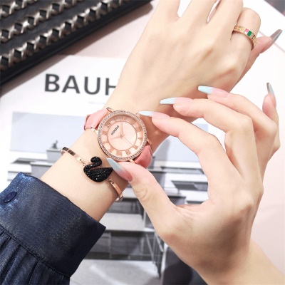 Montre pour femmes avec diamants bracelet en cuir véritable chiffres romains