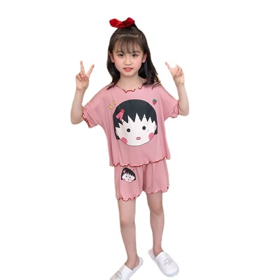 Pyjama pour enfants deux pièces manches courtes short avec bord ondulé rose dessin animé imprimé