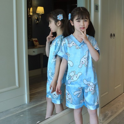 pyjama deux pièces bleu bande dessinée de soie de glace