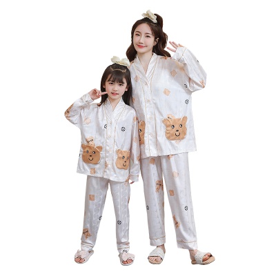Pyjama 2 pièces en soie glacée Cardigan à manches longues avec imprimé ourson
