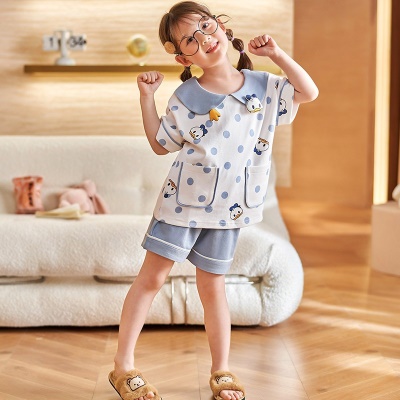 Pyjama 2 pièces pour enfants en coton bleu à pois