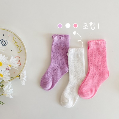 Chaussettes pour enfants 3 pièces couleur unie dentelle maille respirante