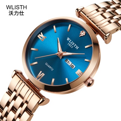 WLISTH montres pour hommes bracelet en acier double pression boucle papillon calendrier affichage de la semaine