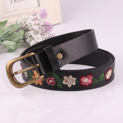 Ceinture femme brodée fleur en cuir PU noir