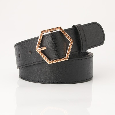 Ceinture pour femmes avec boucle hexagonale en alliage litchi