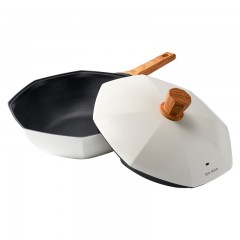 Poêle Wok à couvert à géométrie octogonale manche en bois